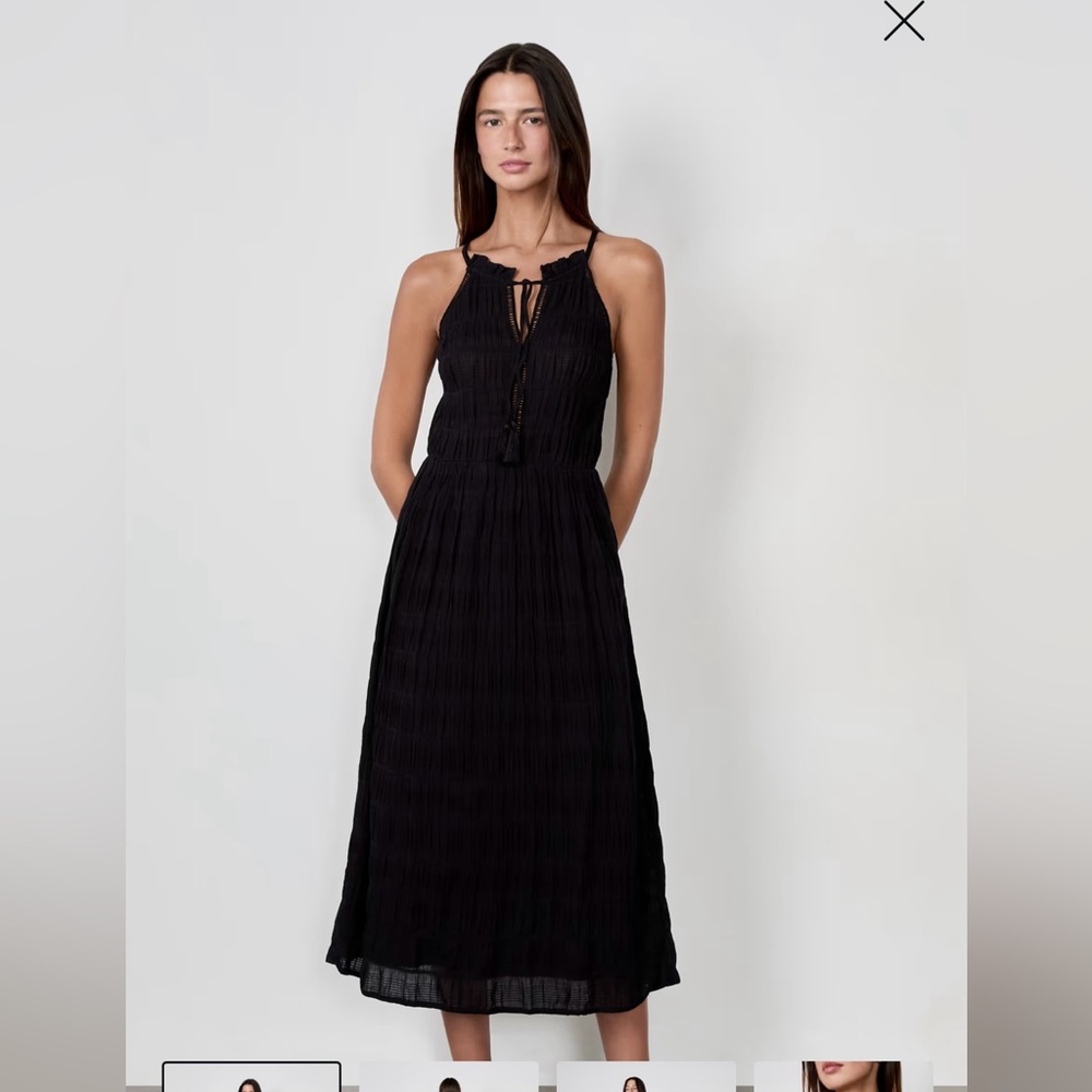 Chic French ETAM  100% Cotton Black Midi Dress with Tassel Detail